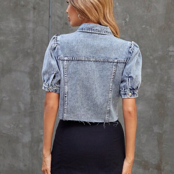 Light Wash Casual Women's Collar & Puff Sleeve Cropped Denim Shirt - Picture 4 of 5